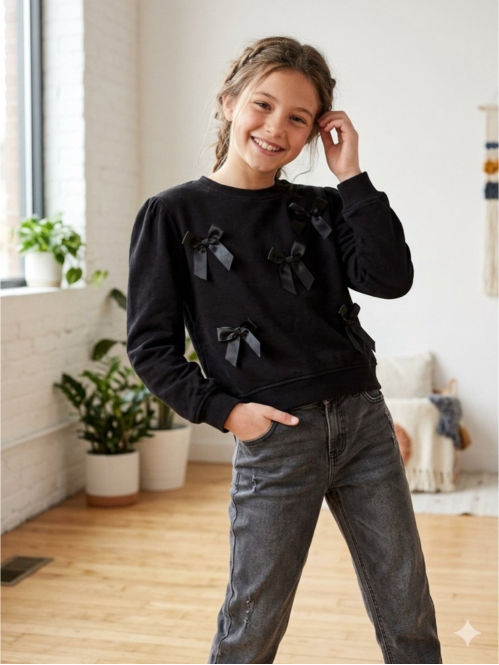 Girls H&M Black Sweatshirt with Bow Details Size 6X / 7 - 884